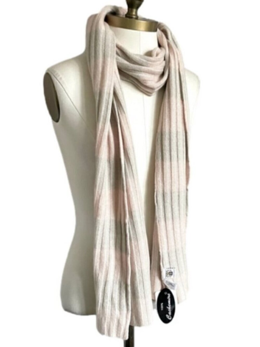 Portolano Pastel Pink Gray Ribbed 100% Cashmere Scarf - BNWTs🧣